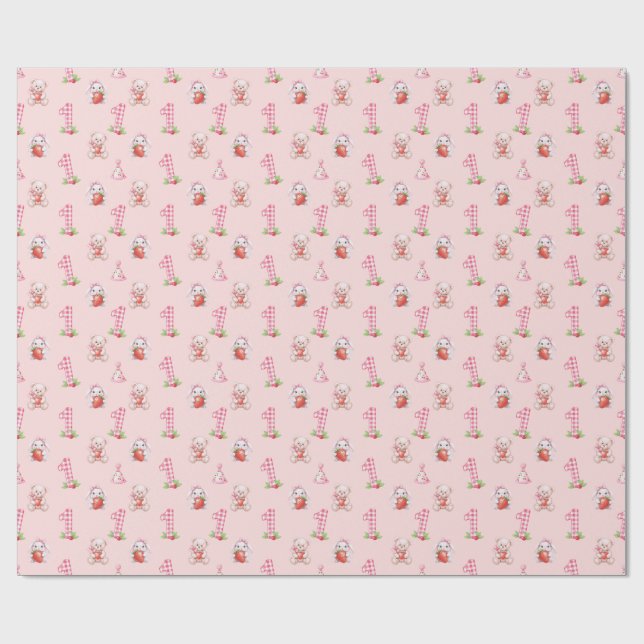 Papel De Regalo Bonito Rosa Gingham, Bunnies y Osos! (Superficie plana)