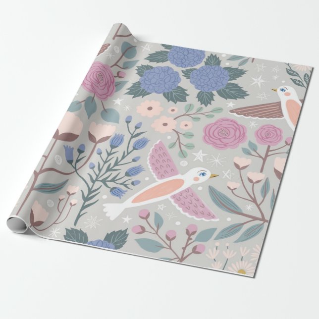 Papel De Regalo Bonitos azules rosadas de época Ilustracion floral (Desenrollado)