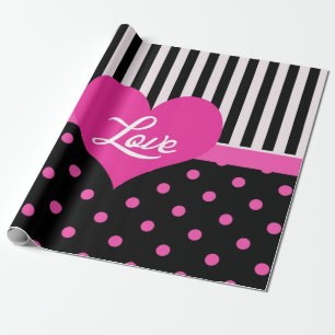 Papel De Regalo Bonitos puntos de polka rosa negro, rayas de B&W,