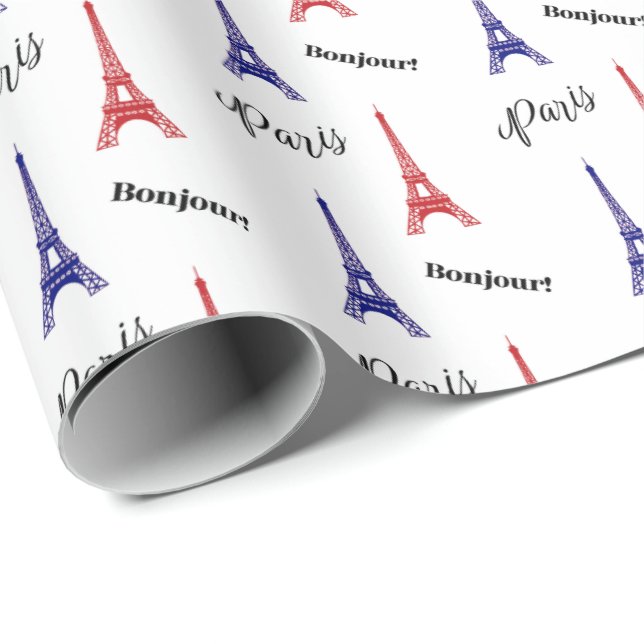 Papel De Regalo Bonjour Red Blue Paris Eiffel Tower Gift (Esquina del rollo)