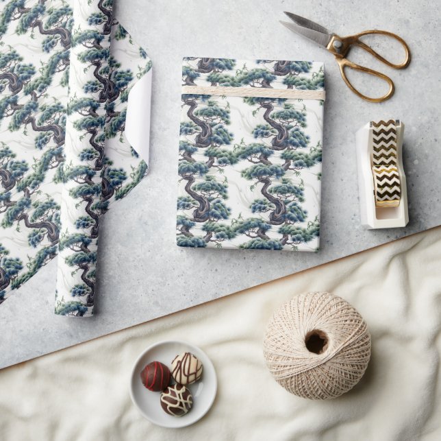 Papel De Regalo Bonsai azul y verde - (Artesanía)