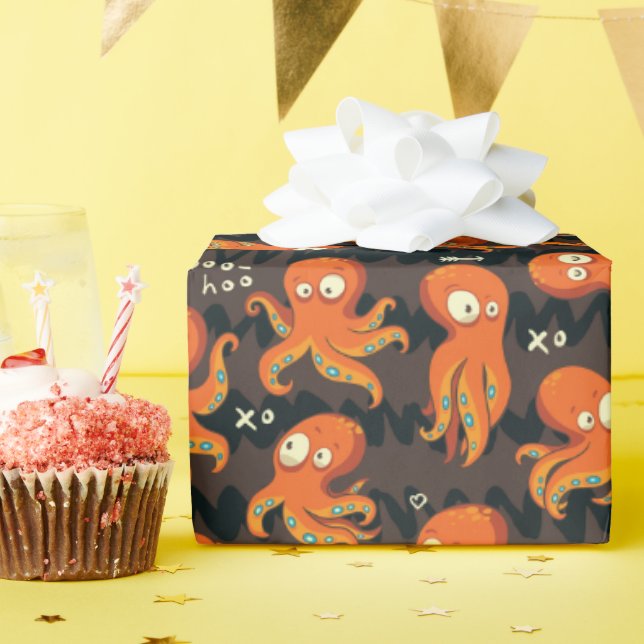 Papel De Regalo Boo Octopus Naranja y niños negros vestidos y deco (Fiesta de cumpleaños )