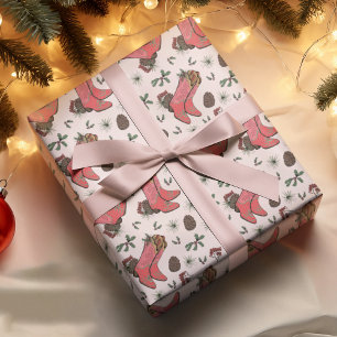 Papel De Regalo Boots de vaqueros de Navidad occidental, pineconas