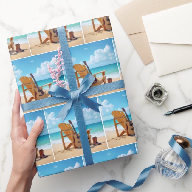 Papel De Regalo Boots occidentales y guitarra en una playa (Regalar)