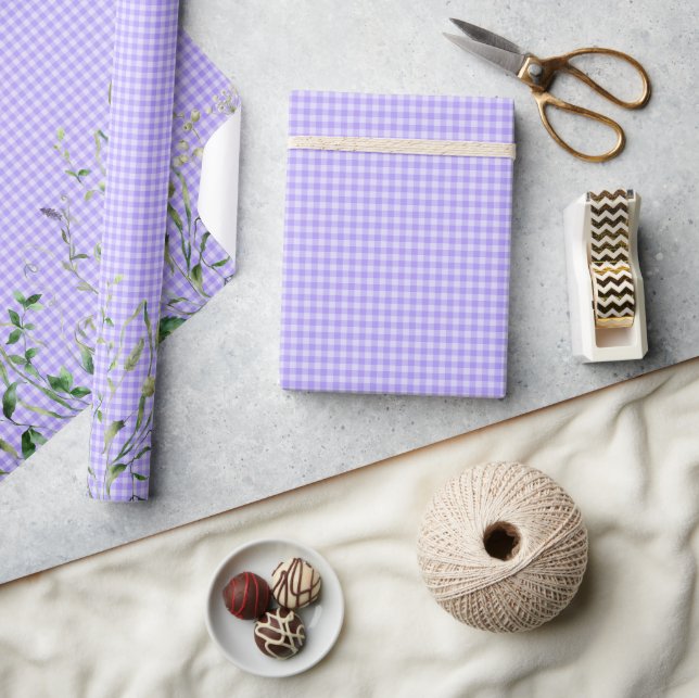 Papel De Regalo Borde de flores silvestres sobre gingham morado (Artesanía)