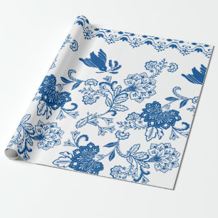Papel De Regalo Borde de Pájaro Floral Azul