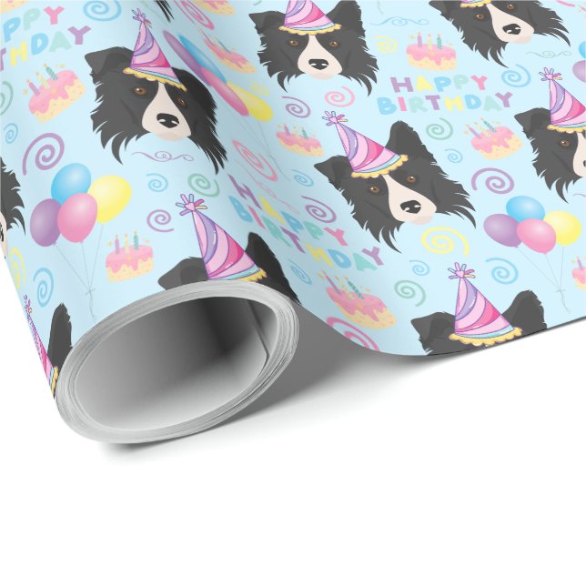 Papel De Regalo Border Collie Birthday Gift Wrapping Paper Blue (Esquina del rollo)