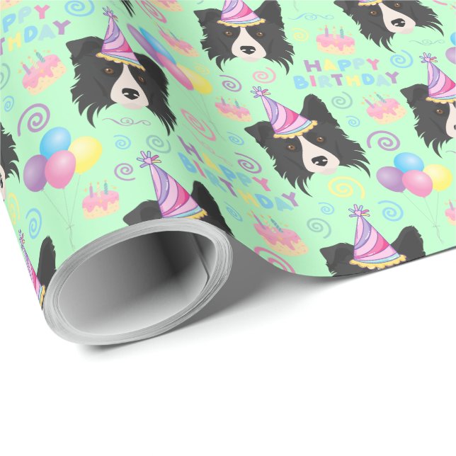 Papel De Regalo Border Collie Birthday Gift Wrapping Paper Green (Esquina del rollo)
