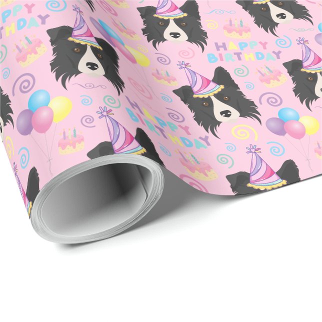 Papel De Regalo Border Collie Birthday Gift Wrapping Paper Pink (Esquina del rollo)