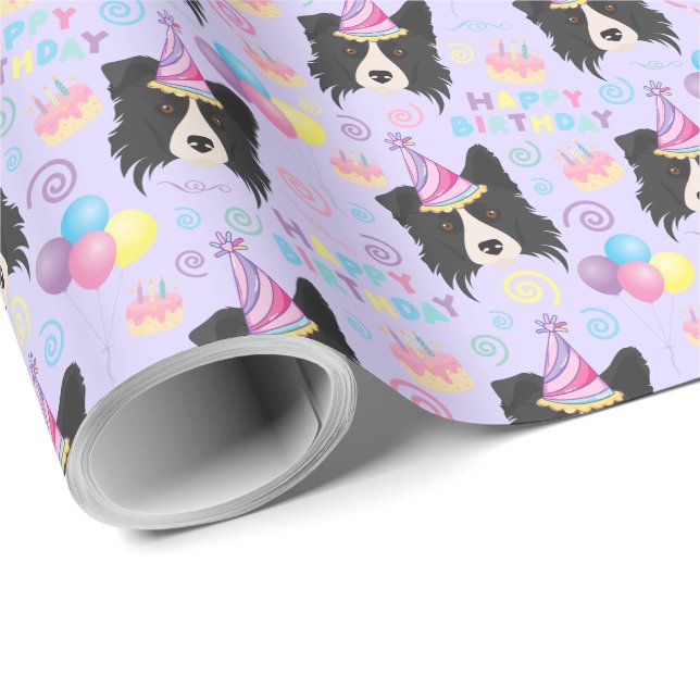 Papel De Regalo Border Collie Birthday Gift Wrapping Paper Purple (Esquina del rollo)