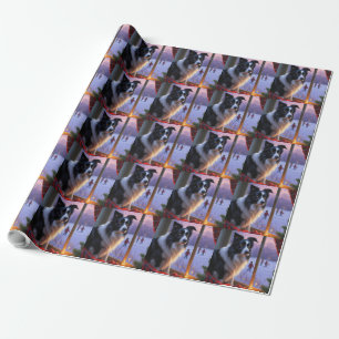 Papel De Regalo Border Collie Con Luces De Navidad Fiesta
