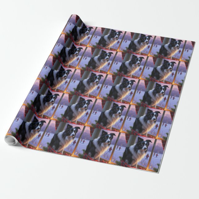 Papel De Regalo Border Collie Con Luces De Navidad Fiesta (Desenrollado)