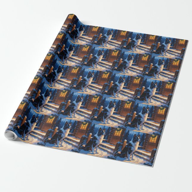 Papel De Regalo Border Collie Con Luces De Navidad Fiesta (Desenrollado)