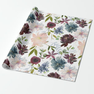 Papel De Regalo Borgoña, Azul Marino y Floral Rosa Pálido