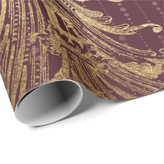 Papel De Regalo Borgoña Maroon Gold Damask Nodal Royal Ornamenta (Esquina del rollo)