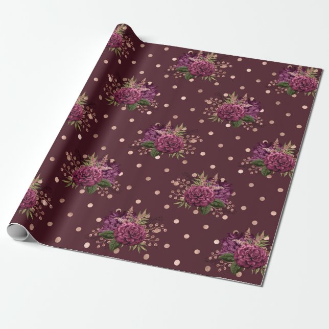 Papel De Regalo Borgoña - Marsala y floral de oro Rosa (Desenrollado)