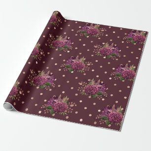 Papel De Regalo Borgoña - Marsala y Floral Rosa Dorado