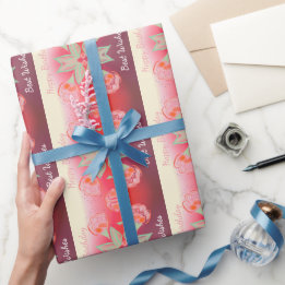 Papel De Regalo Borgoña Rosa Rojo Y Floral Naranja