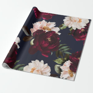 Papel De Regalo Borgoña Rubor Azul Marino Floral Oscuro Peonías Me