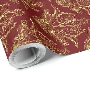 Papel De Regalo Borgoña y Relieve metalizado dorado metálico parec