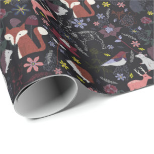 Papel De Regalo Bosque Animales Salvajes Naturaleza Negro