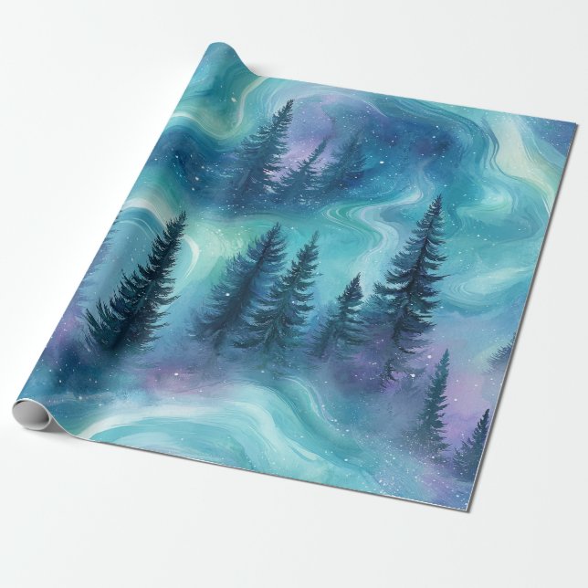 Papel De Regalo Bosque aurora boreal acuarela (Desenrollado)