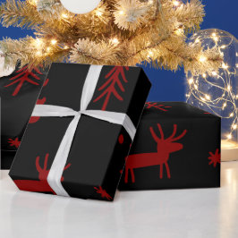 Papel De Regalo Bosque de árboles rojos con Navidades negros venad