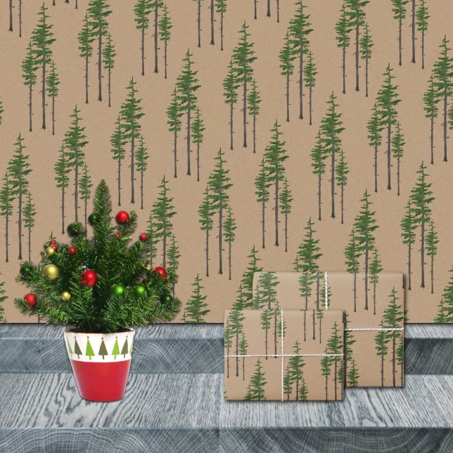 Papel De Regalo Bosque de bosques de pino oriental de Kraft (Rustic Kraft Eastern Pine Tree Woodland Forest Christmas Holiday Gift Wrapping Paper Rolls)