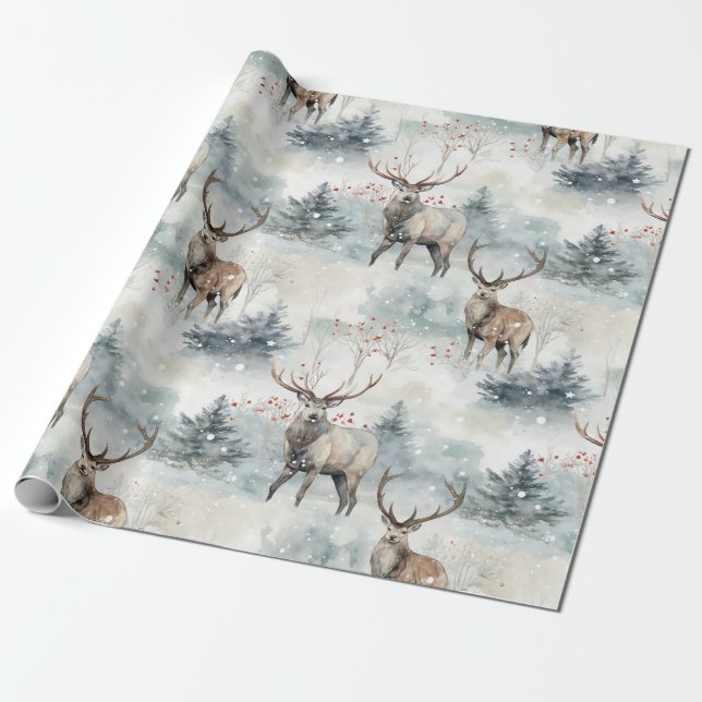 Papel De Regalo Bosque de ciervos acuarela de invierno (4) (Desenrollado)