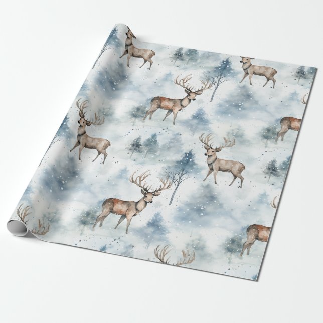 Papel De Regalo Bosque de ciervos acuarela de invierno (5) (Desenrollado)