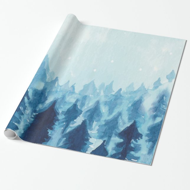 Papel De Regalo Bosque de invierno, azul de nieve forestal (Desenrollado)