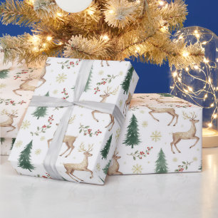 Papel De Regalo Bosque de Navidad en acuarela, Reno, Bayas