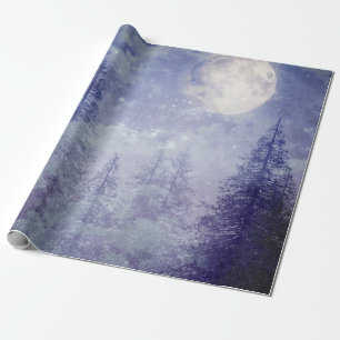 Papel De Regalo Bosque de Pinos de Invierno de Luna Llena