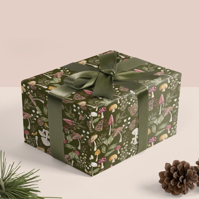 Papel De Regalo Bosque de setas de madera rústica (Rustic Woodland Watercolor Woodsy Mushroom Forest Wrapping Green Paper)