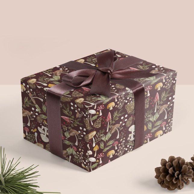 Papel De Regalo Bosque de setas de madera rústica (Rustic Woodland Watercolor Woodsy Mushroom Forest Wrapping Paper Burgundy)