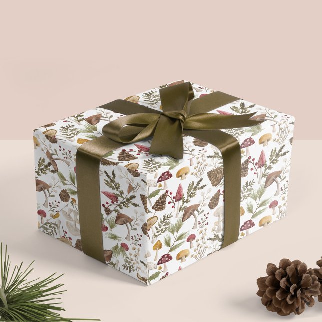 Papel De Regalo Bosque de setas de madera rústica (Rustic Woodland Watercolor Woodsy Mushroom Forest Wrapping Paper White)