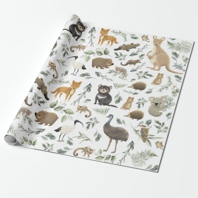 Papel De Regalo Bosque de vegetación Animales australianos cumplea (Desenrollado)