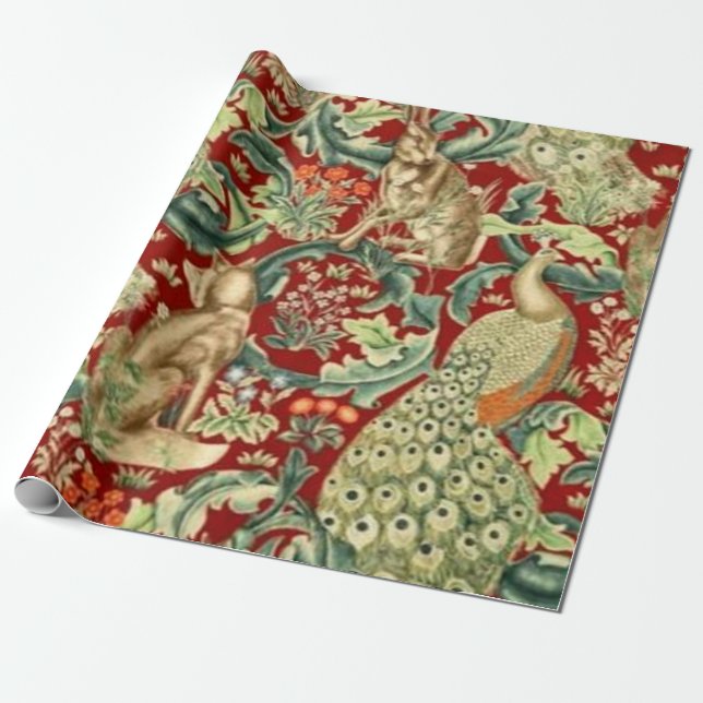 Papel De Regalo Bosque del patrón rojo William Morris (Desenrollado)