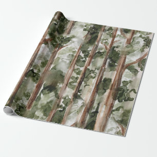 Papel De Regalo Bosque denso de pinos acuarela y bosque neblinoso