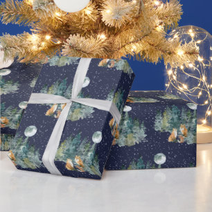 Papel De Regalo Bosque Familiar de Zorros Luna Llena Nevada Navida