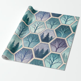 Papel De Regalo Bosque Geométrico de Invierno – Árboles en Hexágon