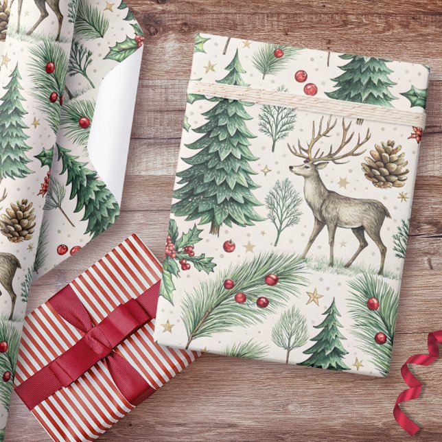 Papel De Regalo Bosque invernal de acuarela ciervo Navidad (Subido por el creador)