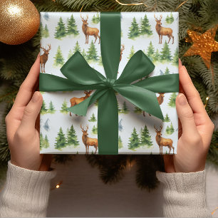 Papel De Regalo Bosque invernal en acuarela: ciervos y árboles nev
