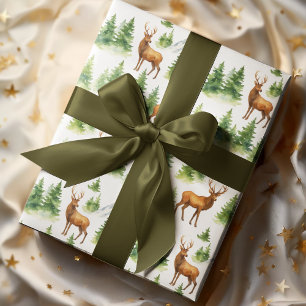 Papel De Regalo Bosque invernal en acuarela: ciervos y árboles nev