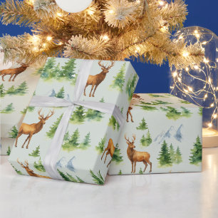 Papel De Regalo Bosque invernal en acuarela: ciervos y árboles nev