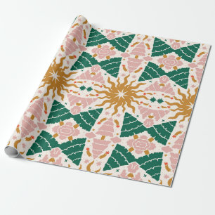 Papel De Regalo Bosque Navideño Retro Festivo y Sol Celestial