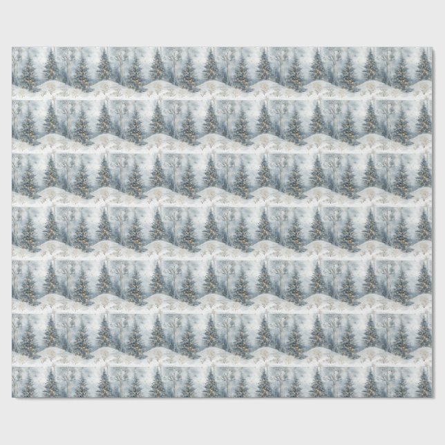 Papel de regalo Bosque Nevado con Luces Doradas (Superficie plana)