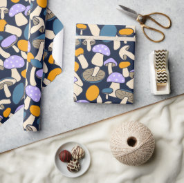 Papel De Regalo Bosque Nocturno Botánico de Hongos Retró de Bosque