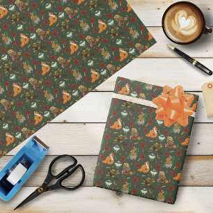 Papel De Regalo Bosque otoñal Patrón verde de animales del bosque