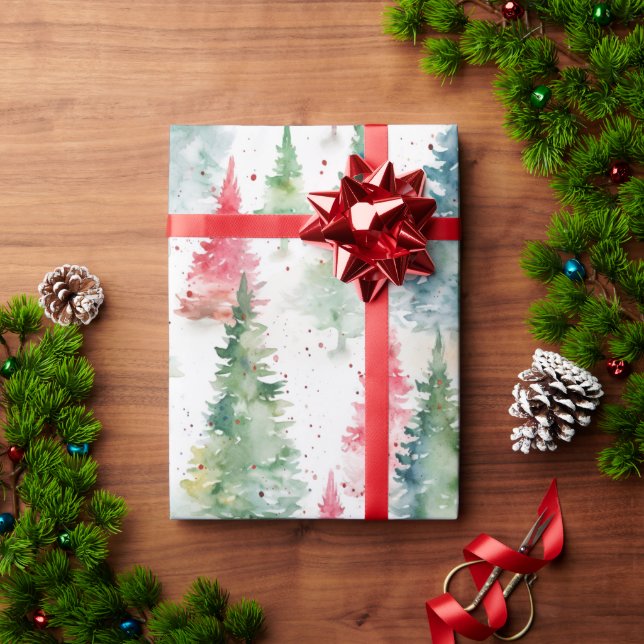 Papel De Regalo Bosque, Pinos Verdes Rojo Fiesta (Regalo de vacaciones)